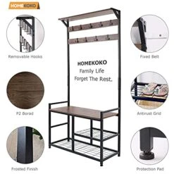 HOMEKOKO Coat Rack Shoe Bench, Hall Tree Entryway Bench With Storage, Wood Look Accent Furniture With Metal Frame, 3-in-1 Design (Dark Brown) -Safavieh Furniture 51roHFmm9vL