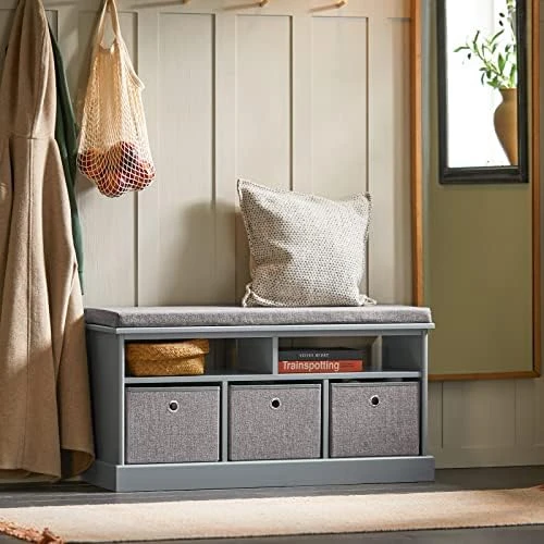 Haotian FSR65-DG, Grey 3 Baskets Hallway Bedroom Storage Bench With Seat Cushion, Shoe Bench, Shoe Rack, Shoe Cabinet 10 Haotian FSR65-DG, Grey 3 Baskets Hallway Bedroom Storage Bench With Seat Cushion, Shoe Bench, Shoe Rack, Shoe Cabinet - Image 10