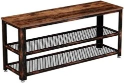 Rolanstar Shoe Bench, 3-Tier Shoe Rack, 39.4” Storage Entry Bench With Mesh Shelves Wood Seat, Rustic Foyer Bench For Hallway Front Door, Doorway, Living Room, Mudroom, Steel Frame, Rustic Brown -Safavieh Furniture 51s CQhLlL. AC