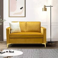 HULALA HOME Modern Velvet Loveseat Sofa With Gold Legs, Comfy Upholstered Small Love Seat Couch With Removable Cushions, 2-Seater Sofa For Living Room Bedroom, Mustard -Safavieh Furniture 51s3gLxbUeL. AC
