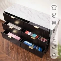 ANBUY Black 6 Drawer Double Dresser For Bedroom, Dual Chest Of Drawers Modern Dresser For Bedroom With Gold Handles Imitation Marble Texture (Black) -Safavieh Furniture 51s3zWuzggL