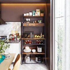 ODK Bakers Rack With Storage, Kitchen Baker's Rack With Drawers, 6 Tier Microwave Stand, Kitchen Storage Shelf With Wine Rack, Kitchen Stand With 6 S-Hooks, Microwave Cart, Vintage Brown -Safavieh Furniture 51s4i5AiBLL