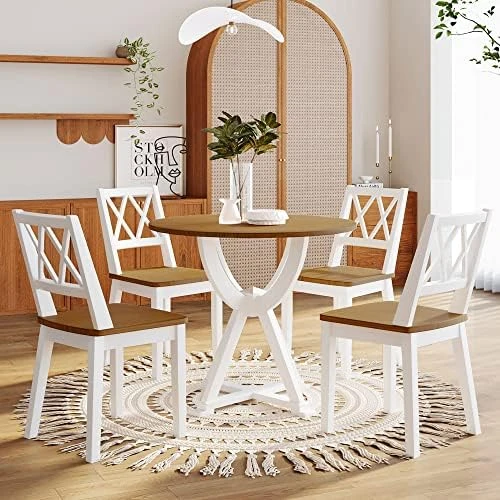 Merax Farmhouse Dining Table Set With Upholstered 2 X-Back Chairs And Bench For 4, Home Kitchen Wooden Furniture, Brown+Beige 5 Merax Farmhouse Dining Table Set With Upholstered 2 X-Back Chairs And Bench For 4, Home Kitchen Wooden Furniture, Brown+Beige - Image 5