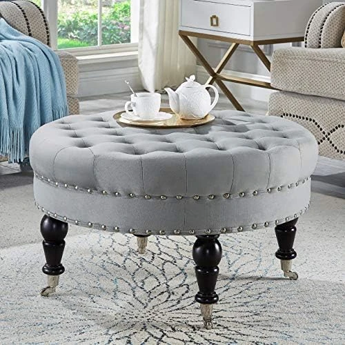 24KF Large Round Upholstered Tufted Linen Ottoman Coffee Table, Large Footrest Ottoman With Wood Shelf Storage- Navy Blue 7 24KF Large Round Upholstered Tufted Linen Ottoman Coffee Table, Large Footrest Ottoman With Wood Shelf Storage- Navy Blue - Image 7