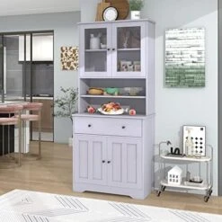 71" Freestanding Kitchen Pantry, Kitchen Cupboard Storage Cabinet With Glass Doors And Large Drawer Tall Pantry Cabinet Sideboard With Adjustable Shelves For Dining Room, Living Room, White+Oak -Safavieh Furniture 51s93p9smeL. AC