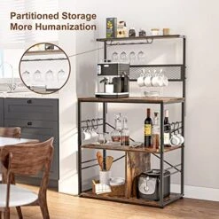 Labonida Bakers Rack, Microwave Stand Coffee Bar With Wine Glass Holder, Kitchen Storage Rack With 6 S-Hooks For Spices, Pots And Pans, Rustic Brown And Black -Safavieh Furniture 51sHhmOdUAL