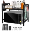 YZHAUAN Extendable Microwave Oven Rack Black, Adjustable Microwave/Toaster Shelf Heavy Duty Stand Kitchen Counter Top Organizer, 2-Tier With 6 Hooks, 160lbs Weight Capacity (Black, H-Frame 2 Tier)
