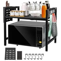 YZHAUAN Extendable Microwave Oven Rack Black, Adjustable Microwave/Toaster Shelf Heavy Duty Stand Kitchen Counter Top Organizer, 2-Tier With 6 Hooks, 160lbs Weight Capacity (Black, H-Frame 2 Tier)
