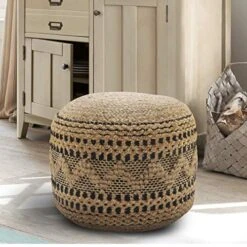 LR Home Ox Bay Sarah Tan/Black Geometric Hand-Woven Cotton Blend Ottoman Pouf 18" X 18" X 14"