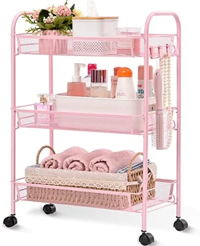 TOOLF 4-Tier Rolling Cart, Metal Utility Cart With 3 Hooks, Easy Assemble Mobile Storage Trolley On Wheels, Slide Out Shelving Units Kitchen Bathroom Laundry Room 10 TOOLF 4-Tier Rolling Cart, Metal Utility Cart With 3 Hooks, Easy Assemble Mobile Storage Trolley On Wheels, Slide Out Shelving Units Kitchen Bathroom Laundry Room - Image 10