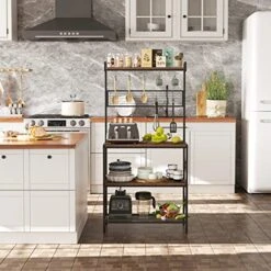 C&AHOME Kitchen Bakers Rack, Baker's Rack, 3 Tiers Microwave Oven Stand With High Display Shelf, Storage Rack With 7 S Hooks, 2 Wooden Shelves And Mesh Panel, Adjustable Feet, Rustic Brown UBRMW03RB 8 C&AHOME Kitchen Bakers Rack, Baker's Rack, 3 Tiers Microwave Oven Stand With High Display Shelf, Storage Rack With 7 S Hooks, 2 Wooden Shelves And Mesh Panel, Adjustable Feet, Rustic Brown UBRMW03RB -Safavieh Furniture 51sd7D5jx9L