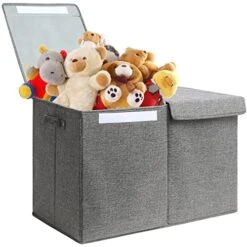 Hibobi Large Toy Box With Double Flip-Top Lid, Collapsible Sturdy Toy Chest Storage Bins With Handles, Toy Storage Organizer For Kids Boys Girls Nursery,Playroom,Bedroom, 24.5"x13"x16", Gray