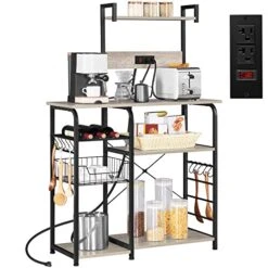 Topeakmart Industrial Kitchen Baker's Rack With Power Outlet, Utility Storage Shelf Unit With Wire Basket And Wine Storage, Coffee Bar Table Organizer With 10 Hooks, Gray