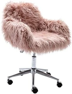KCC Fluffy Office Desk Chair, Faux Fur Modern Swivel Armchair With Wheels, Soft Comfy Fuzzy Elegant Accent Makeup Vanity Chairs For Women Girls, Home Living Dressing Room Bedroom, Black -Safavieh Furniture 51slM1p9upL. AC