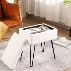 CUYOCA Vanity Stool Ottoman With Storage Bench, Faux Fur Stool For Vanity With Metal Legs, Makeup Chair Vanity Stool For Bedroom Living Room, White -Safavieh Furniture 51syTC8i81L. AC