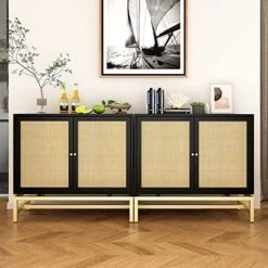 Pvillez Modern Storage Cabinet With Natural Rattan Doors, Sideboard Buffet Cabinet With Storage, Adjustable Shelves, Rattan Cabinet Console Table For Living Room, Dining Room, Entryway, White -Safavieh Furniture 51t hw4rt1L. AC