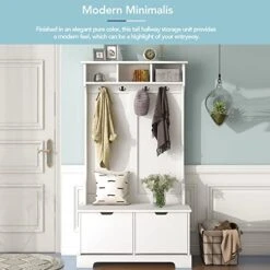 LOVMOR All In One Hall Tree, Coat Rack With 3 Top Shelves And 2 Flip Shoe Storage Drawers, Wood Hallway Organizer With Storage Bench, Entryway Storage Bench With Metal Hanging Hooks, White -Safavieh Furniture 51t676jr2ZL 1