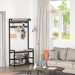 Mr IRONSTONE Coat Rack, Hall Tree With Shoe Bench 4-in-1 Entryway Shoe Rack With Detachable Shelf, Mudroom Garage Storage Organizer, 3.1" L X 11.8" W X 71.5" H (Grey) -Safavieh Furniture 51t9X1phnEL