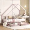 Quarte Metal Twin Size House Bed With Two Storage Drawers,Platform Bed With Roof And Slat Support,for Kid Teens Boys Girls Bedroom Use (Pink#e, Twin)