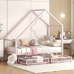 Metal House Bed With 2 Storage Drawers, Twin Size Bed Frame With Roof For Bedrooms (Pink)