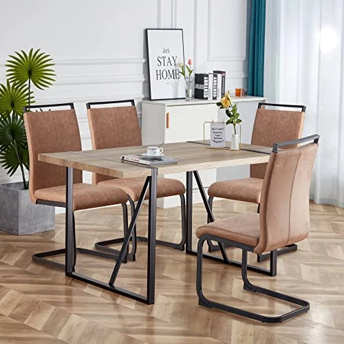 NYEESS 55 In Modern Dining Table Set For 4,Kitchen Table Set,Modern Dining Room Sets For 4,Wood Dining Table And Tech Cloth Dining Chair 4-Piece Set Suitable For Dining Room,Kitchen (Brown + Linen) 3 NYEESS 55 In Modern Dining Table Set For 4,Kitchen Table Set,Modern Dining Room Sets For 4,Wood Dining Table And Tech Cloth Dining Chair 4-Piece Set Suitable For Dining Room,Kitchen (Brown + Linen) - Image 3