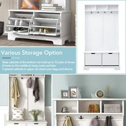 LOVMOR All In One Hall Tree, Coat Rack With 3 Top Shelves And 2 Flip Shoe Storage Drawers, Wood Hallway Organizer With Storage Bench, Entryway Storage Bench With Metal Hanging Hooks, White -Safavieh Furniture 51tUEgXhfrL 1