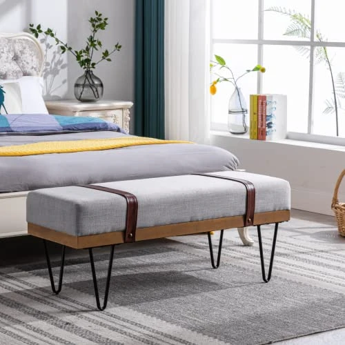 HEAH-YO Modern Indoor Bench, 18” Seat Height Entryway Bench With PU Leather Strap And Metal Legs, Linen Footstool And Ottoman For Living Room Bedroom, Gray 5 HEAH-YO Modern Indoor Bench, 18” Seat Height Entryway Bench With PU Leather Strap And Metal Legs, Linen Footstool And Ottoman For Living Room Bedroom, Gray - Image 5