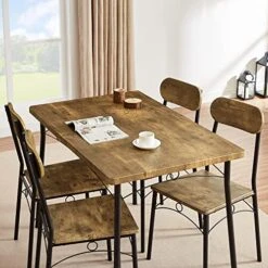 VECELO 5 Piece Kitchen Dining Set Metal And Wood Rectangular Table For Breakfast Nook, Dinette, Living Room, Table & Chair For 4, Brown -Safavieh Furniture 51tkaSfIesL