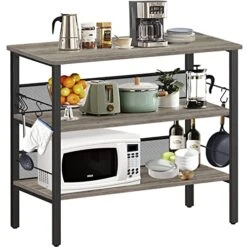 BEEWOOT Kitchen Island, Coffee Bar, Kitchen Shelf With Large Workstation, Kitchen Bakers Rack With 9 Hooks, 39.4 ”L × 17.7” W × 35.4”H, Stable Steel Structure And Easy Assembly, Greige KI01BG010