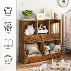 HOOBRO Kids Bookshelf, Toy Organizers And Storage, 2 Drawers And 5 Compartments, Kids Bookcase, Children's Toy Shelf, For Game Room, Bedroom, Playroom, Nursery, School, Rustic Brown FG33CW01 -Safavieh Furniture 51trUyI0PmL