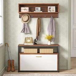Tribesigns Coat Rack Shoe Bench Set, Hall Tree With Shoe Bench, Rustic Shoe Storage Bench With Flip Drawer, Storage Cubbies, 7 Hooks For Entryway, Hallway, White/Rustic Brown -Safavieh Furniture 51tu0vfkRhL