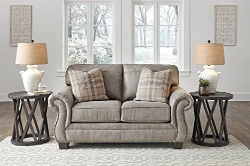 Signature Design By Ashley Olsberg Faux Leather Loveseat With Nailhead Trim And 2 Accent Pillows, Gray & Olsberg Faux Leather Ottoman With Nailhead Trim, Gray 2 Signature Design By Ashley Olsberg Faux Leather Loveseat With Nailhead Trim And 2 Accent Pillows, Gray & Olsberg Faux Leather Ottoman With Nailhead Trim, Gray - Image 2