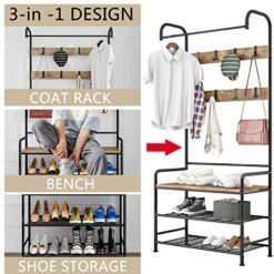 SUOERNUO Coat Rack Shoe Bench 3-in-1 Hall Tree Storage Shelf Organizer For Entryway Heavy Duty MDF Stand Coat Rack Industrial Accent Furniture With Stable Metal Frame (Rustic Brown + Black) -Safavieh Furniture 51u4dxmZWPL