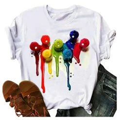 Womens Summer TopsWomens Short Sleeve Tops Nail Polish Printed Tshirt Summer Versatile Tees White O Neck Pullover