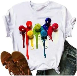 Womens Summer TopsWomens Short Sleeve Tops Nail Polish Printed Tshirt Summer Versatile Tees White O Neck Pullover -Safavieh Furniture 51u5NkU9AzL. AC