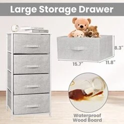 CONNOO 4 Drawer Fabric Dresser Storage Tower, Dresser Chest For Bedroom, Organizer Unit For Closets Bedroom Nursery Room Hallway, Wood Top, Gray White -Safavieh Furniture 51uHI7HfGwL