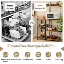 Giantex Kitchen Baker’s Rack, 4-Tier Microwave Storage Stand, Utility Storage, Wire Basket With 5 Hooks, Spice Utensils For Organizing Work Station Shelf 35.5” Length, Charcoal Brown&Black -Safavieh Furniture 51uQRlilAnL