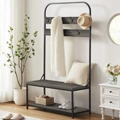 IBF Coat Rack With Shoe Bench, 3-In-1 Hall Tree With Storage Bench For Entryway, Industrial Metal And Wood Coat Tree With Shelf And Hanging Hook, Dark Gray Oak, 40.0" W X 16.5" D X 70.0" H