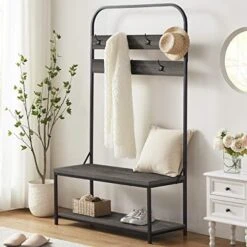 IBF Coat Rack With Shoe Bench, 3-In-1 Hall Tree With Storage Bench For Entryway, Industrial Metal And Wood Coat Tree With Shelf And Hanging Hook, Dark Gray Oak, 40.0" W X 16.5" D X 70.0" H -Safavieh Furniture 51uTizud1BL. AC