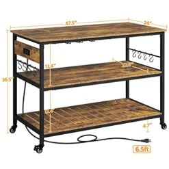 Yaheetech Kitchen Island With Power Outlet, Rolling Kitchen Cart With Wine Rack & Glass Holder & Hooks, Coffee Station Microwave Stand Wine Rack Table For Kitchen/Dinning Room, Rustic Brown -Safavieh Furniture 51uTqY0b9dL