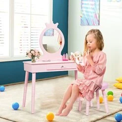 DORTALA Kids Vanity Set, Morden Princess Dressing Table Set W/ Crown Mirror, Cushioned Stool, Large Drawer, Beauty Make Up Stool Play Set, Wood Cute Makeup Table Gift For Girls, Pink