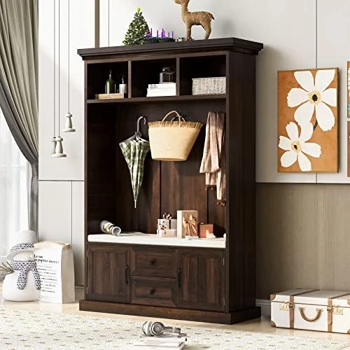 Hall Tree With Bench And Shoe Storage, 3 In 1 Entryway Bench With Coat Rack, Mudroom Bench With Storage And 4 Double Hooks, Entryway Furniture For Hallway (Black, 40" L X 18.5" W X 72" H) 15 Hall Tree With Bench And Shoe Storage, 3 In 1 Entryway Bench With Coat Rack, Mudroom Bench With Storage And 4 Double Hooks, Entryway Furniture For Hallway (Black, 40" L X 18.5" W X 72" H) - Image 15