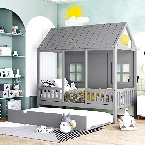 House Bed With Trundle, Twin House Bed For Kids, Wooden Platform Bed Frame With Headboard And Roof, For Girls Boys (Twin Size, White) 6 House Bed With Trundle, Twin House Bed For Kids, Wooden Platform Bed Frame With Headboard And Roof, For Girls Boys (Twin Size, White) - Image 6