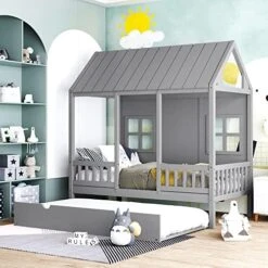 Harper & Bright Designs Full House Bed With Twin Size Trundle, Wood Full Size Bed With Roof, Windows And Fence, Playhouse Bed Frame For Kids Teens Boys & Girls, No Box Spring Needed (White) -Safavieh Furniture 51urj384ofL. AC