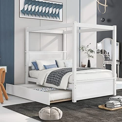 3-Piece Bedroom Set, Solid Wood Bedroom Set, Full Size Canopy Platform Bed With Trundle Bed And 2 Nightstands, Light Brown 10 3-Piece Bedroom Set, Solid Wood Bedroom Set, Full Size Canopy Platform Bed With Trundle Bed And 2 Nightstands, Light Brown - Image 10