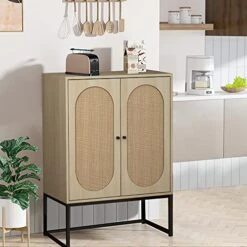 AWQM Natural Rattan 2 Door High Cabinet,Sideboard Buffet Cupboard Accent Cabinet,Adjustable Shelves,Free Standing Bookmatch,Easy Assembly26.77 L X 15.75" W X 41.34" H,Rustic Oak Beige -Safavieh Furniture 51v0fIeJYtL