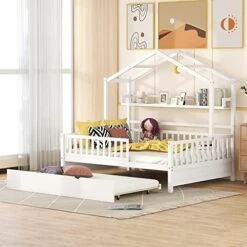Full House Beds With Storage Drawers For Kids Montessori Bed Wood Playhouse Tent Bed Frame With 4 Drawers And Ladder For Children Girls Boys Teens Junior, Full Size, White -Safavieh Furniture 51vAer0UwVL. AC