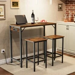 HOOBRO Bar Table Set With Power Outlet, Bar Table And Chairs Set, 3-Piece Dining Table Set, Industrial Breakfast Table Set, For Living Room, Dining Room, Game Room, Rustic Brown And Black BF45UBT01 -Safavieh Furniture 51vB01vxqOL