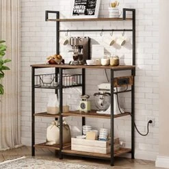 HOOBRO Bakers Rack With Power Outlet, Microwave Stand With Mesh Basket, Coffee Station With 4 S-Shaped Hooks, Kitchen Shelf, For Kitchen, Living Room, Coffee Bar Station, Rustic Brown BF05HB01 -Safavieh Furniture 51vIBLYwLHL