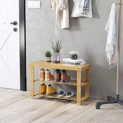 C&AHOME Shoe Rack Bench Bamboo, 3-Tier Shoe Organizer For Entryway, Shoe Storage Shelf Holds Up To 240 LBS, Storage Benches Ideal For Bathroom Bench, Entryway, Hallway And Living Room, Natural -Safavieh Furniture 51vJbOhhvFL